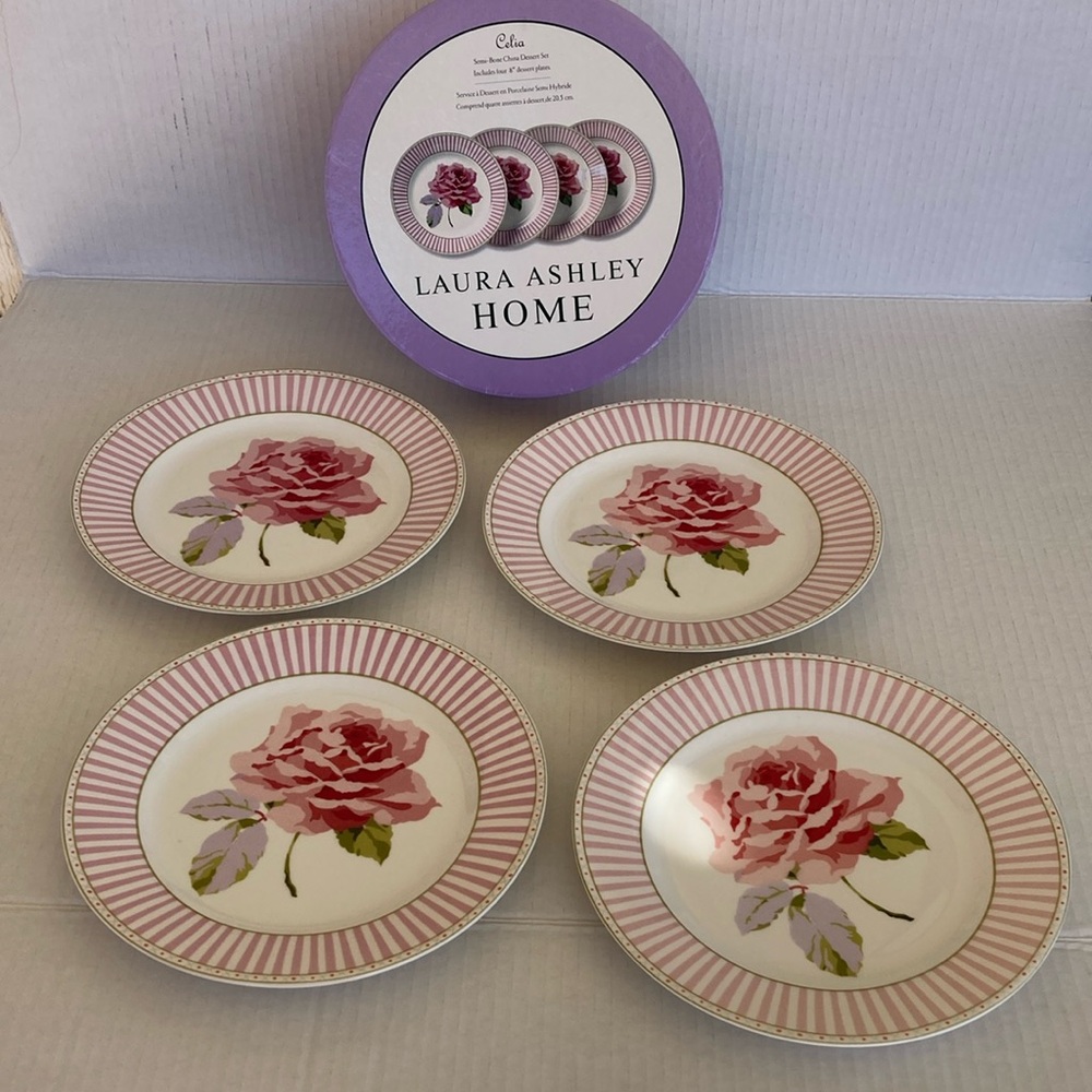Laura Ashley Home 8” Roses & Stripes Celia Dessert Plates Set of 4 Original Box